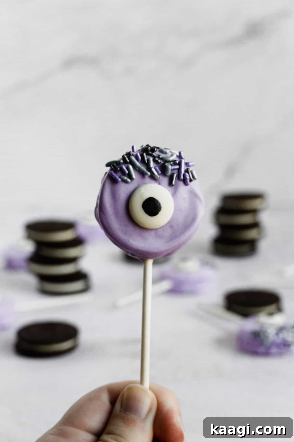 Monster Oreo pops, an easy no-bake Halloween snack.