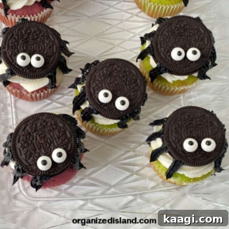 Festive spider cupcakes made with Oreos, perfect for Halloween.