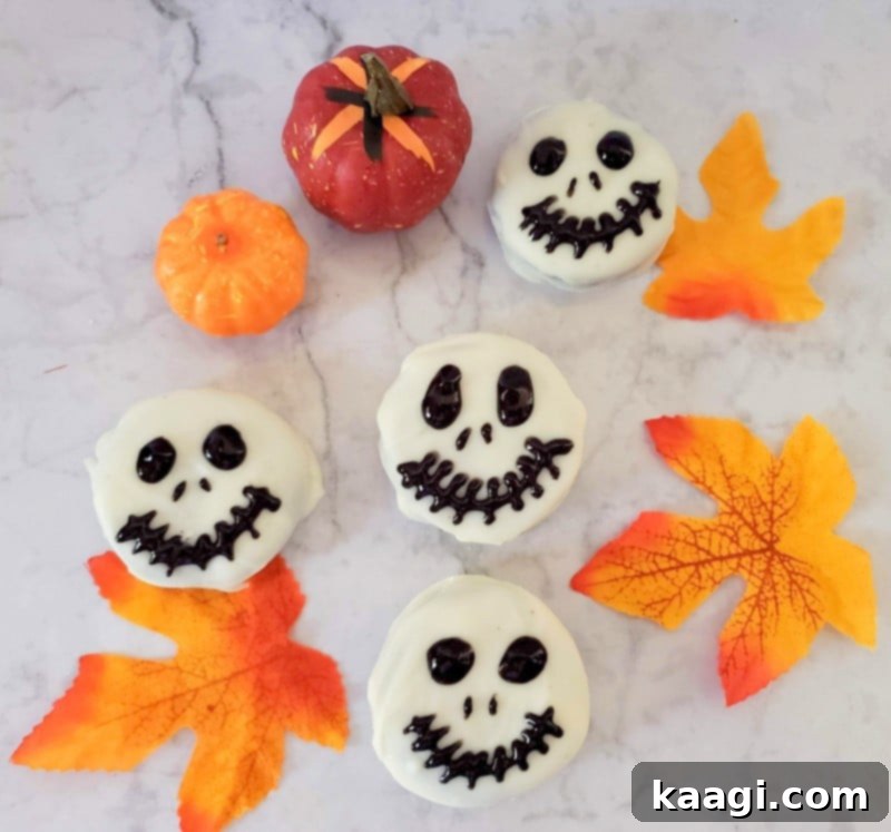 Skeleton Face Cookies For Halloween, made with white chocolate-dipped Oreos.