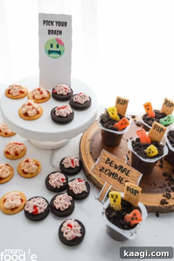 Zombie-themed Halloween party treats featuring "Pick Your Brain" cookies and Zombie Pudding Cups.