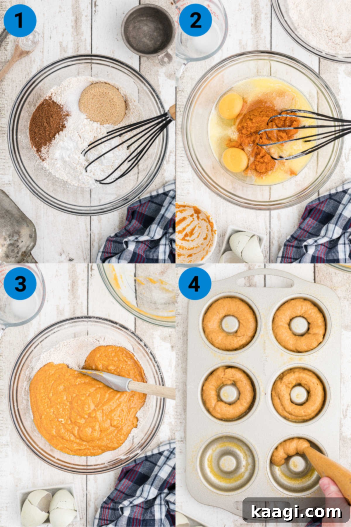 A four-image collage demonstrating the key stages of making pumpkin spice donuts: mixing dry ingredients, mixing wet ingredients, combining batters, and piping into the donut pan.