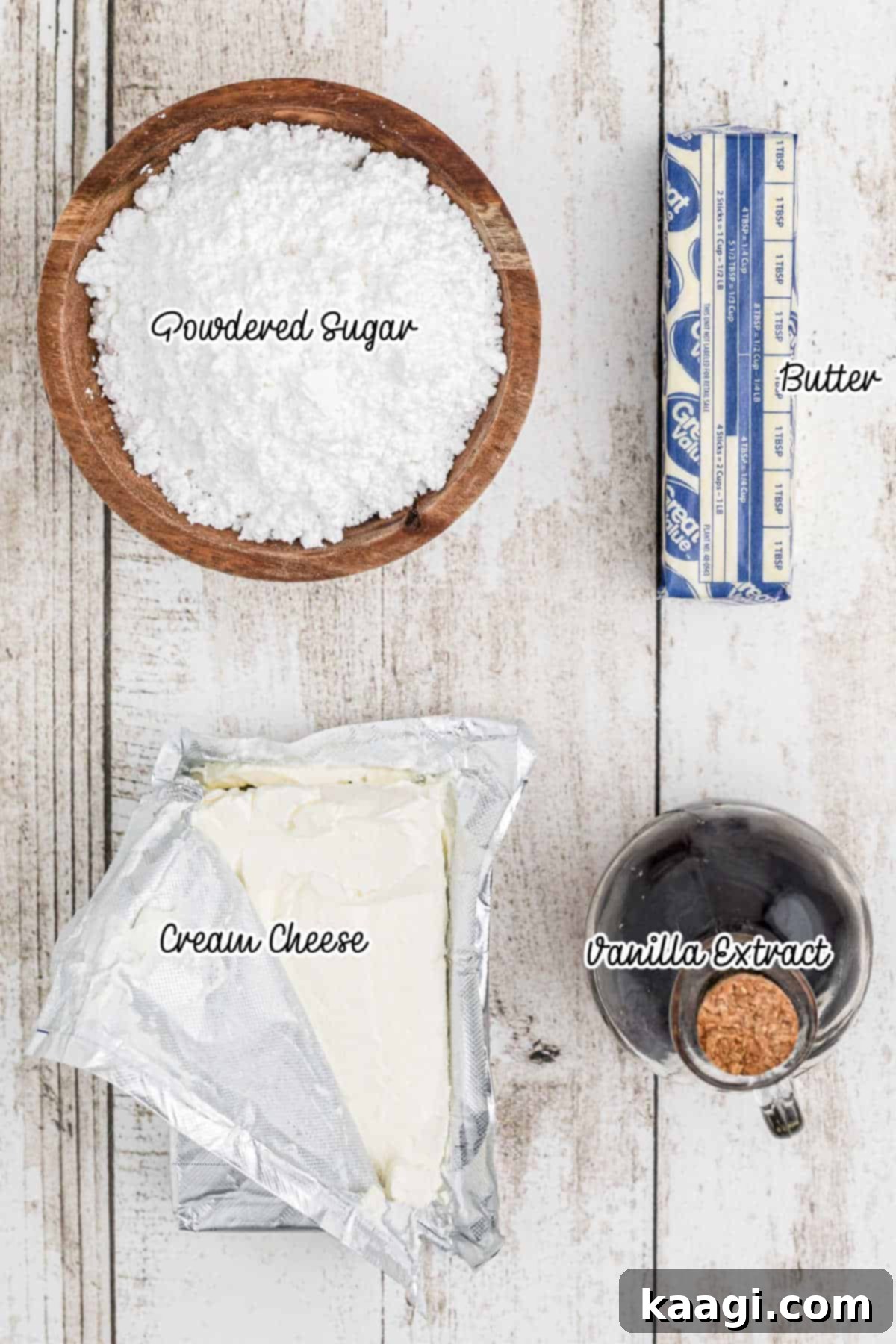 Overhead view of ingredients needed to make cream cheese frosting.