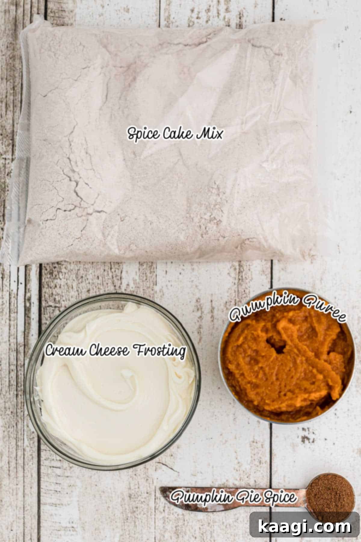 Ingredients required to make pumpkin spice cake mix cookies, neatly arranged on a counter.