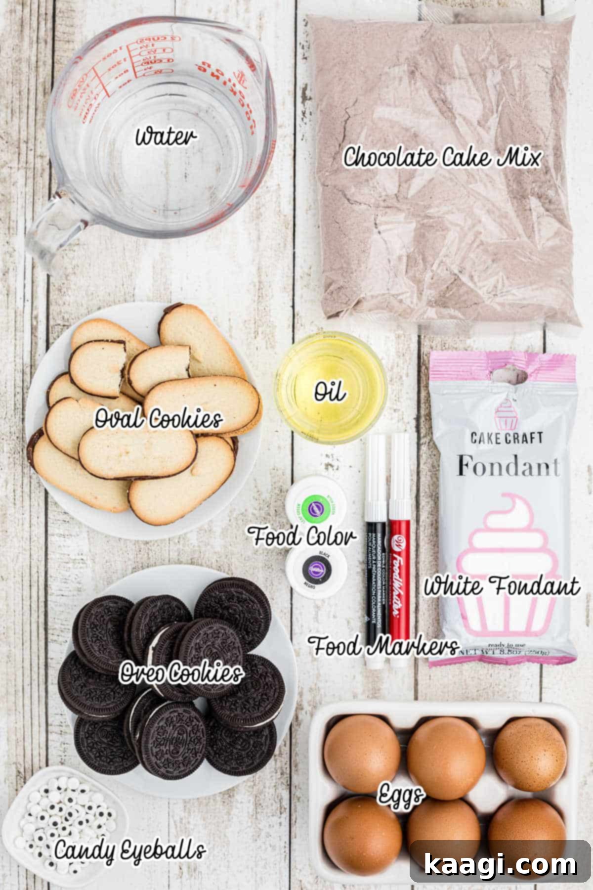 Zombie Cupcake Ingredients A vibrant flat lay of all the ingredients needed to create spooky zombie cupcakes, including cake mix, cookies, fondant, and food coloring.