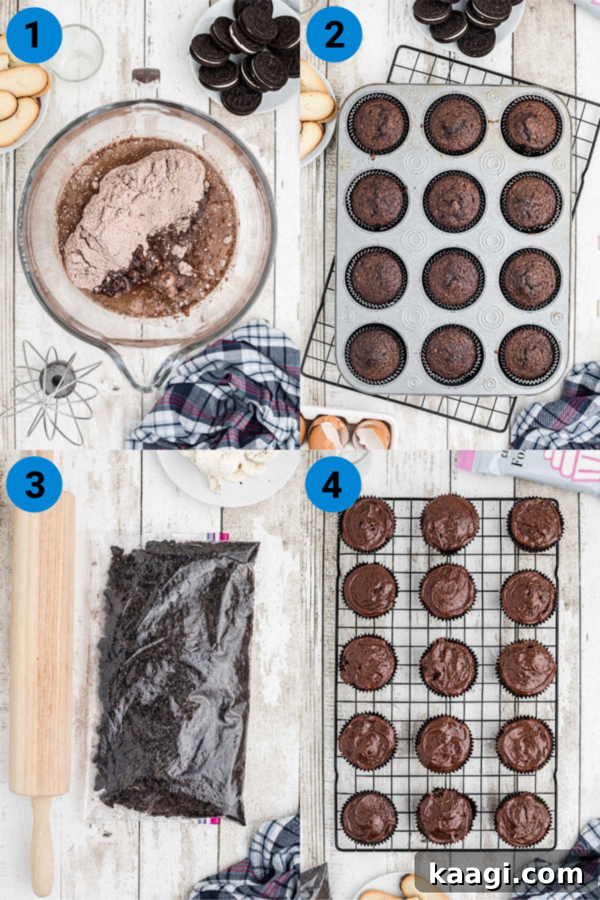 Zombie Cupcake Preparation Steps A step-by-step visual guide showing the initial stages of making zombie cupcakes, from mixing batter to frosting cupcakes.