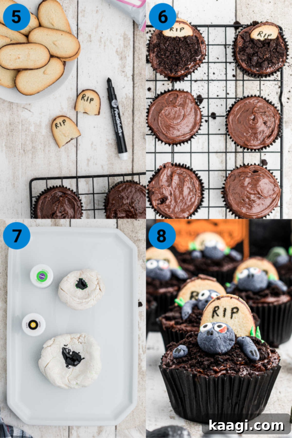 Decorating Zombie Cupcakes A collage of four images illustrating the final decoration steps for zombie cupcakes, including adding gravestones, 'earth', and fondant zombies.