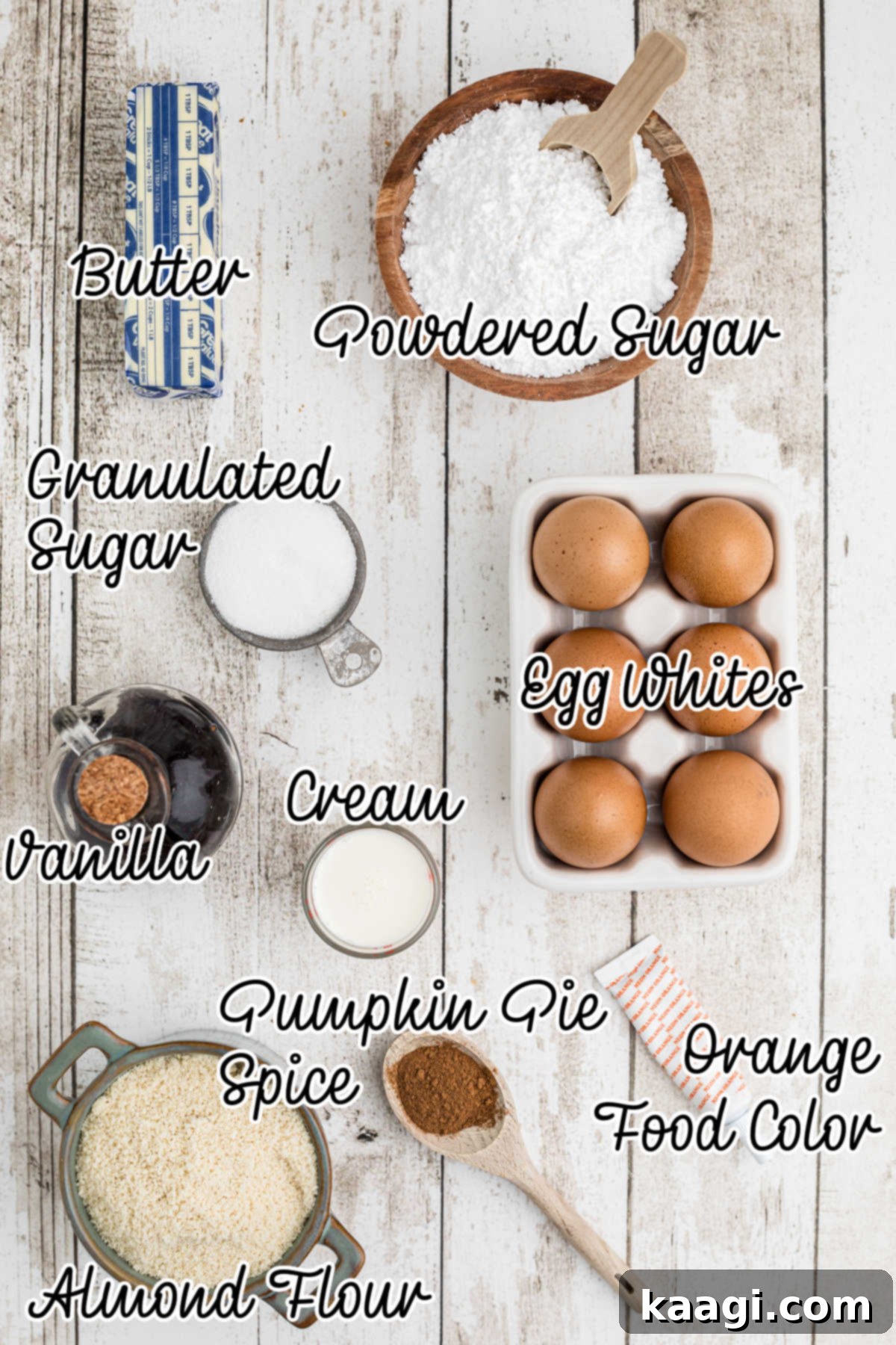 Harvest Pumpkin Macaron Bites 3 An overhead shot displaying all the essential ingredients meticulously arranged, ready for making pumpkin spice macarons.
