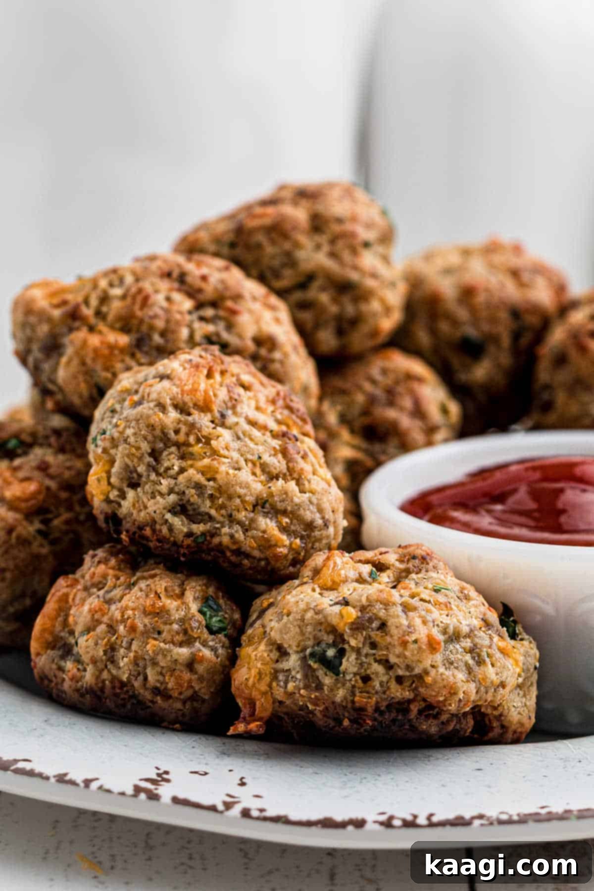 Crispy Air Fryer Sausage Bites 2 Side view and close up of some sausage balls.