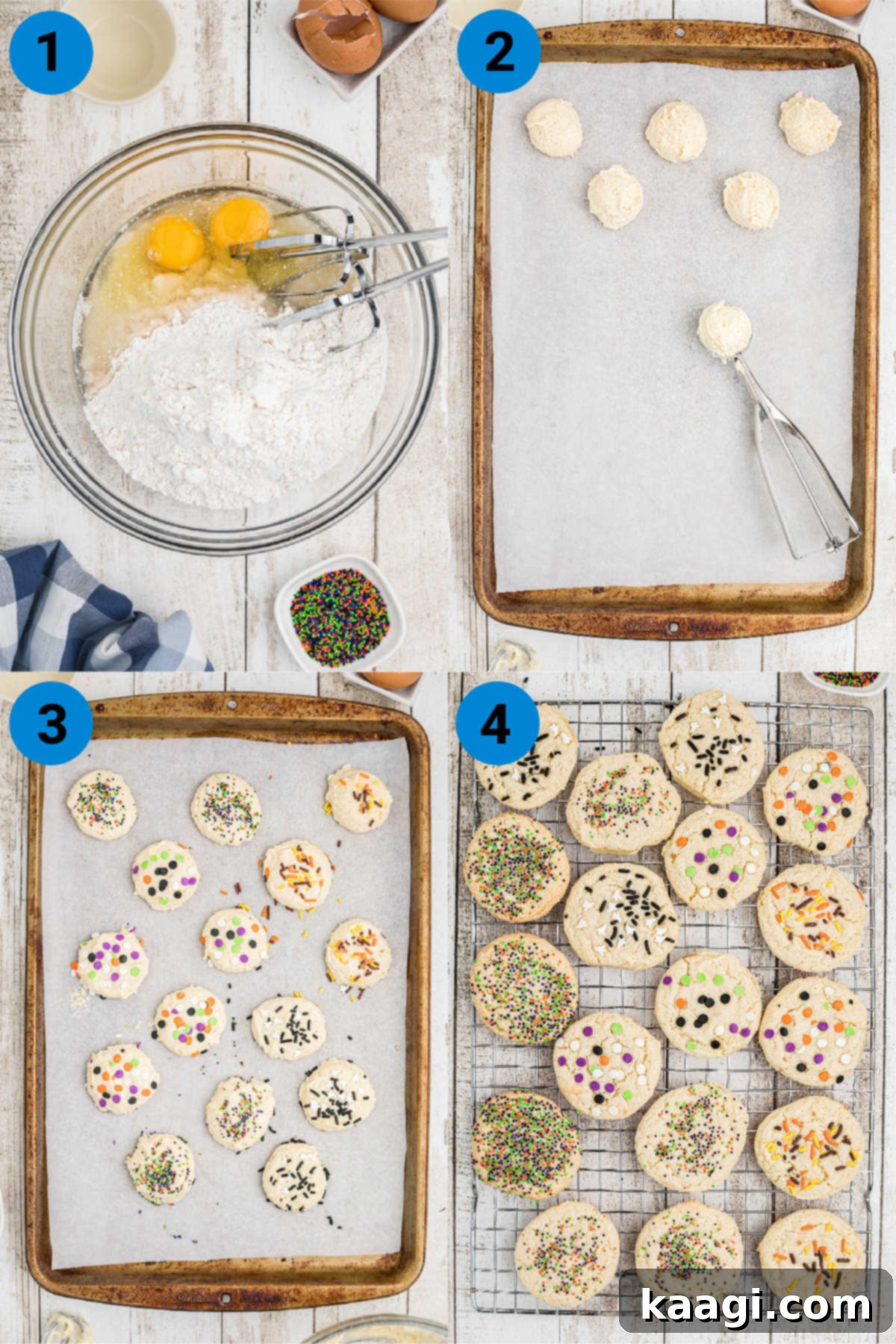 Spooktacular Sprinkled Cookies 4 A four-panel collage showing step-by-step instructions for making Halloween cake mix cookies.