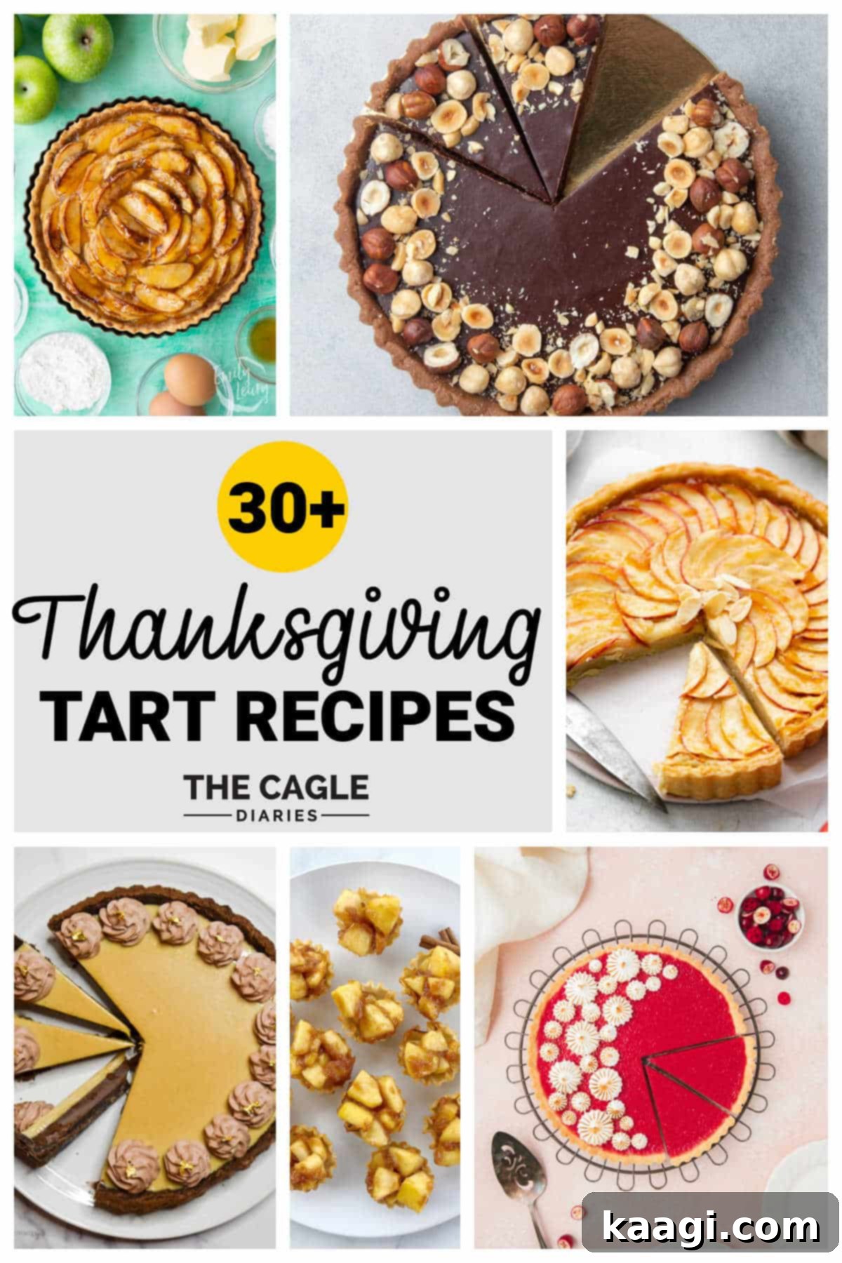 A collage of 6 images showcasing various Thanksgiving tart recipes, including fruit, pecan, and chocolate tarts.