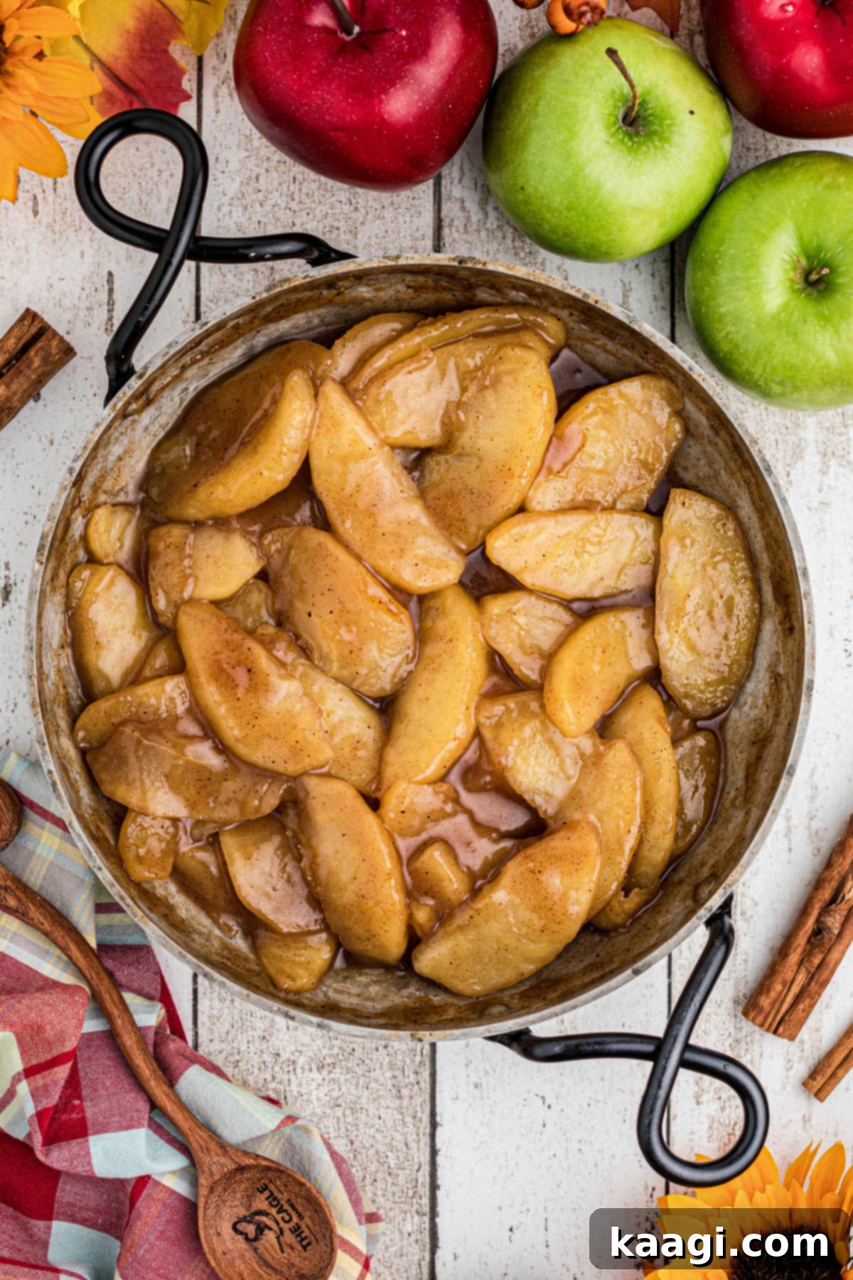 Overhead shot of a pan full of fried apples.