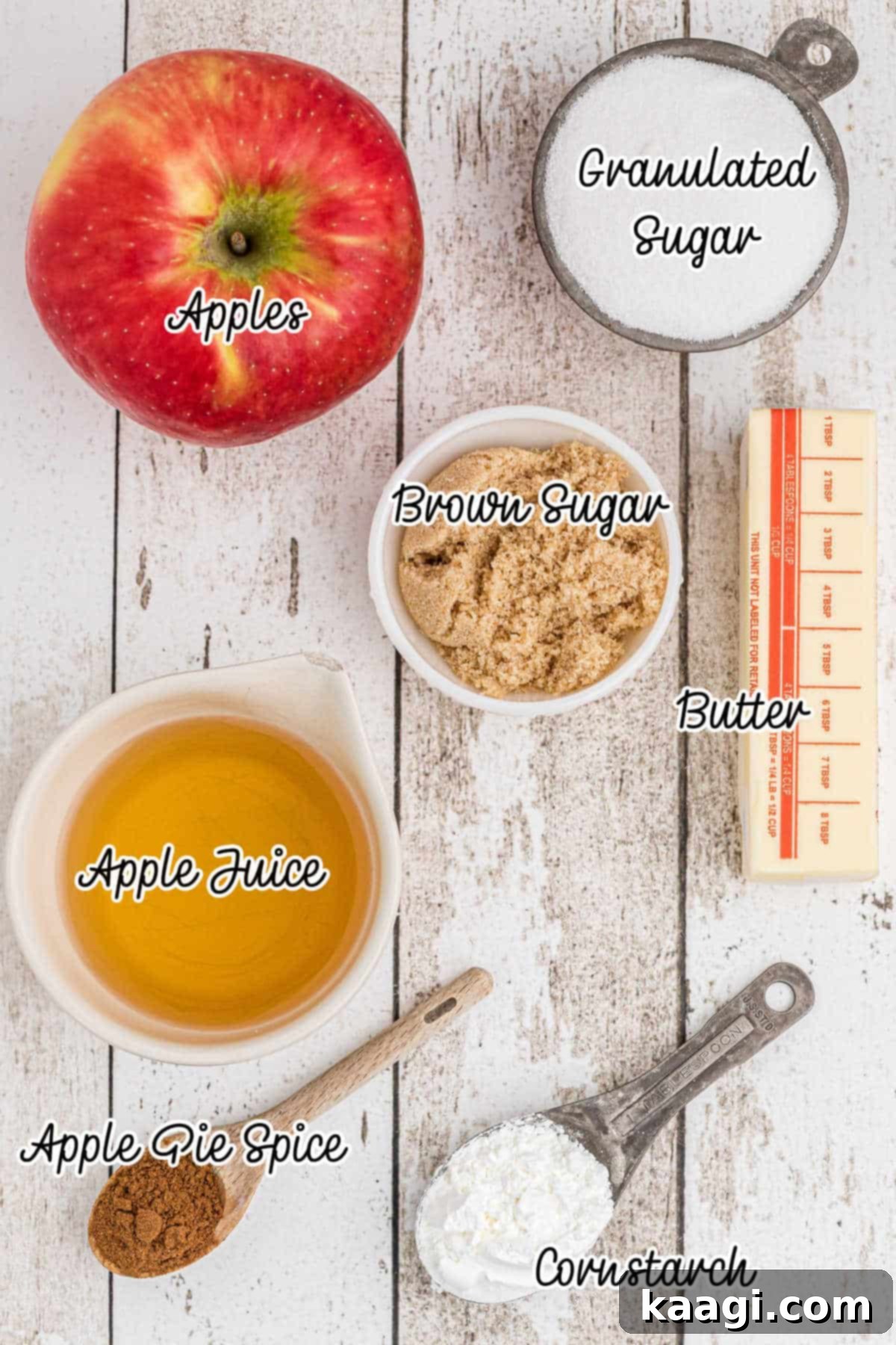 Ingredients needed for fried apples, laid out with text overlay.