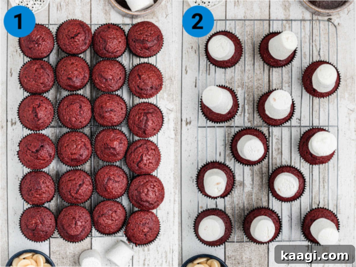 Fluffy Phantom Cupcakes 4 Collage of two images showing recipe steps on how to make ghost cupcakes with marshmallow, including adding marshmallows and pouring candy melts.