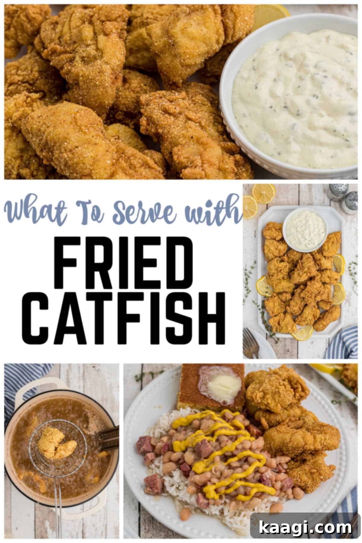 A collage of four images of fried catfish with a text overlay title.