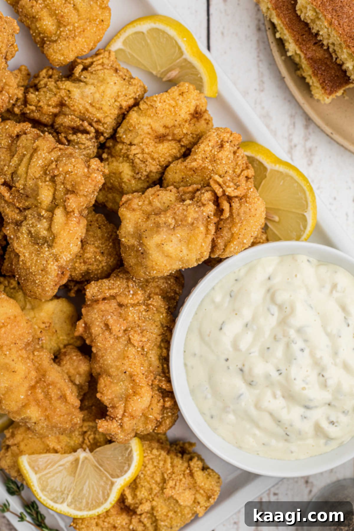 A plate of fried catfish nuggets with some slices of lemon and tartar sauce
