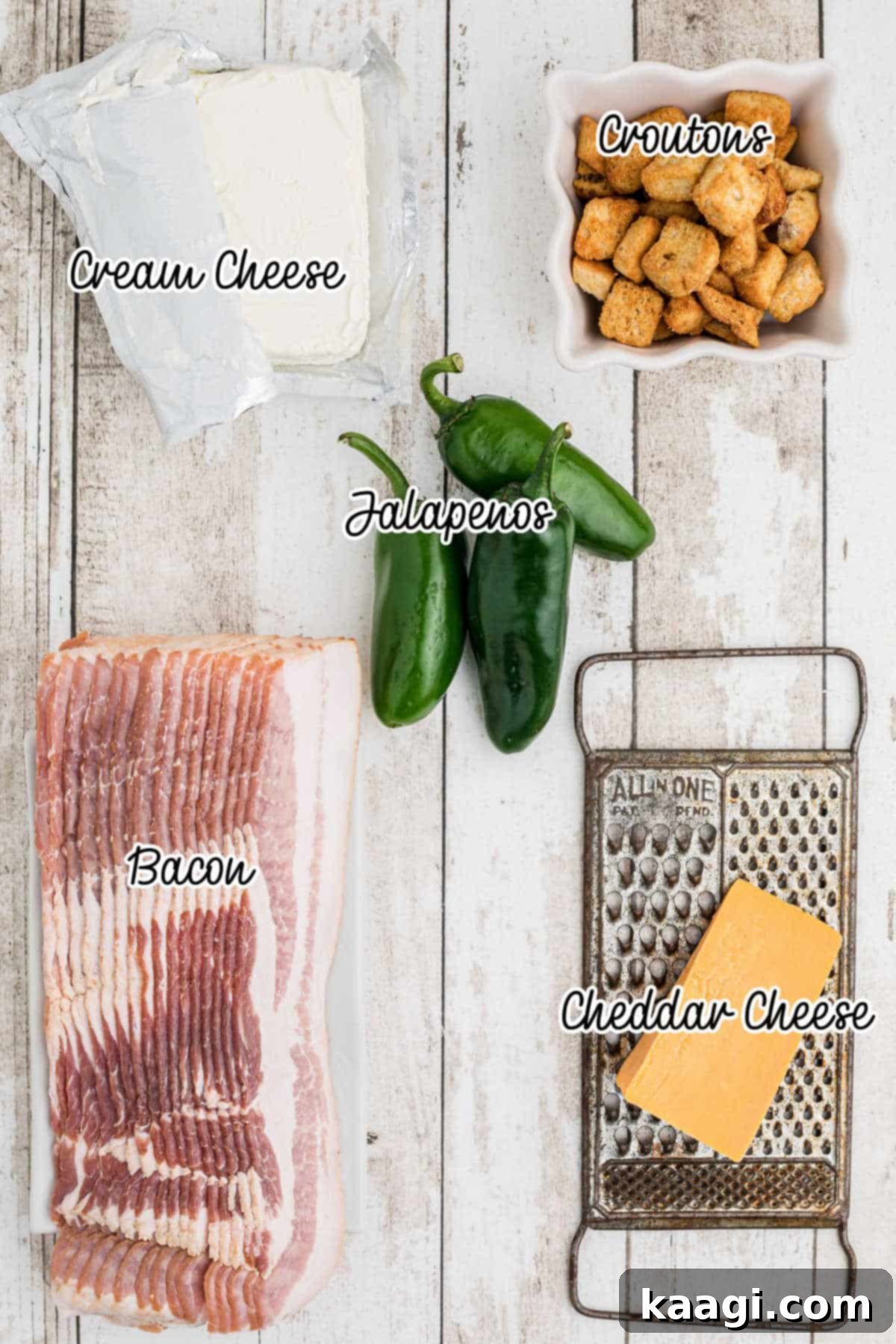 Fiery Smoked Jalapeno Bites 3 Ingredients Laid out for what is needed to make Smoked Jalapeno poppers, including peppers, cheese, croutons, and bacon.