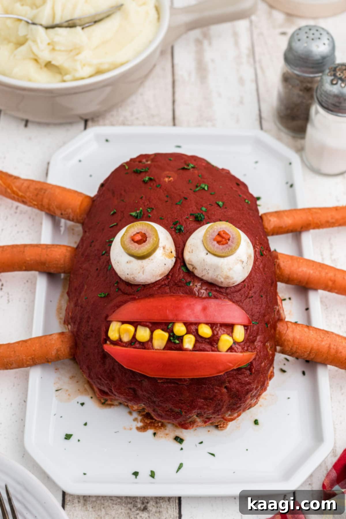A monster meatloaf on a plate, adorned with vegetable features for Halloween.