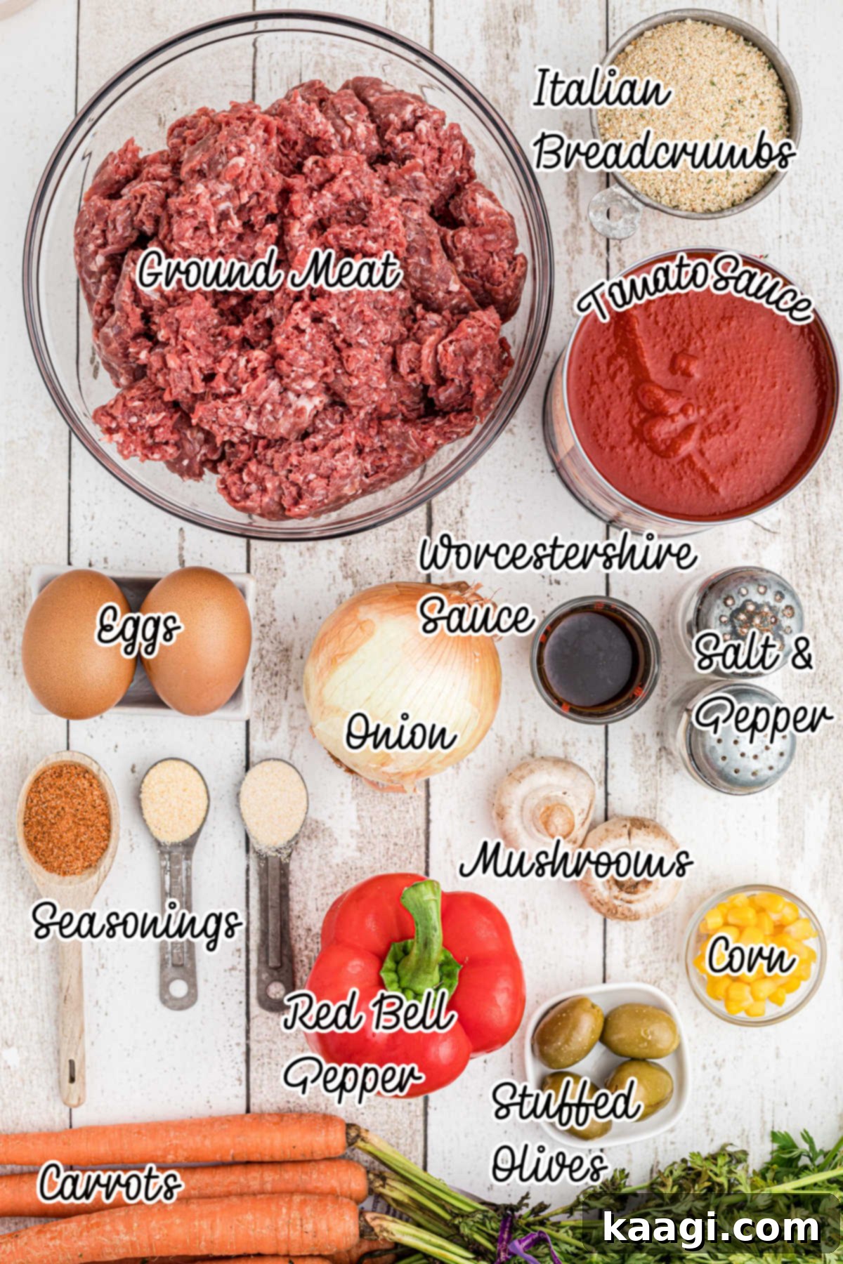Ingredients needed to make a monster meatloaf with text overlay.