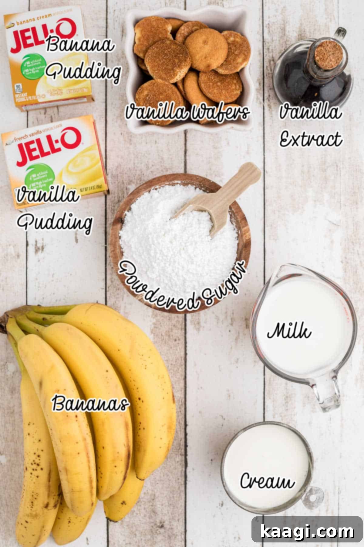Overhead shot of the ingredients needed to make this southern banana pudding, including vanilla wafers, bananas, milk, and pudding mixes.