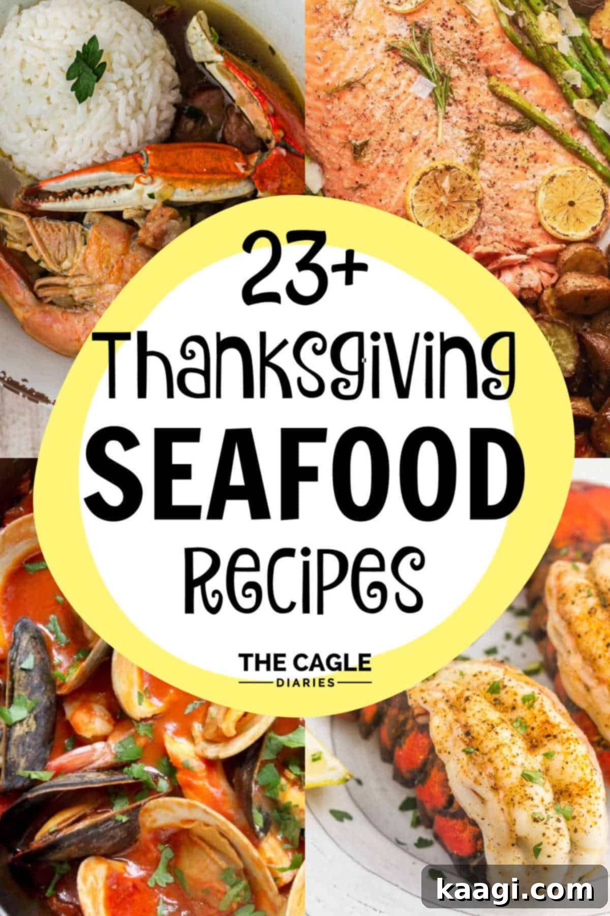 A collage of four images of thanksgiving seafood recipes with a circle with text inlay. Highlighting diverse seafood dishes suitable for Thanksgiving.