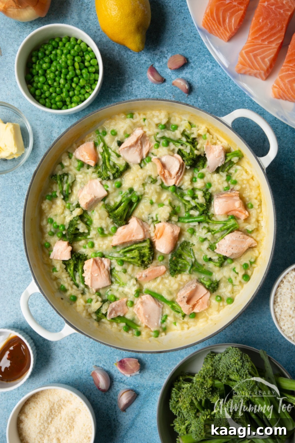 Easy Salmon Risotto garnished with fresh herbs and a drizzle of olive oil.