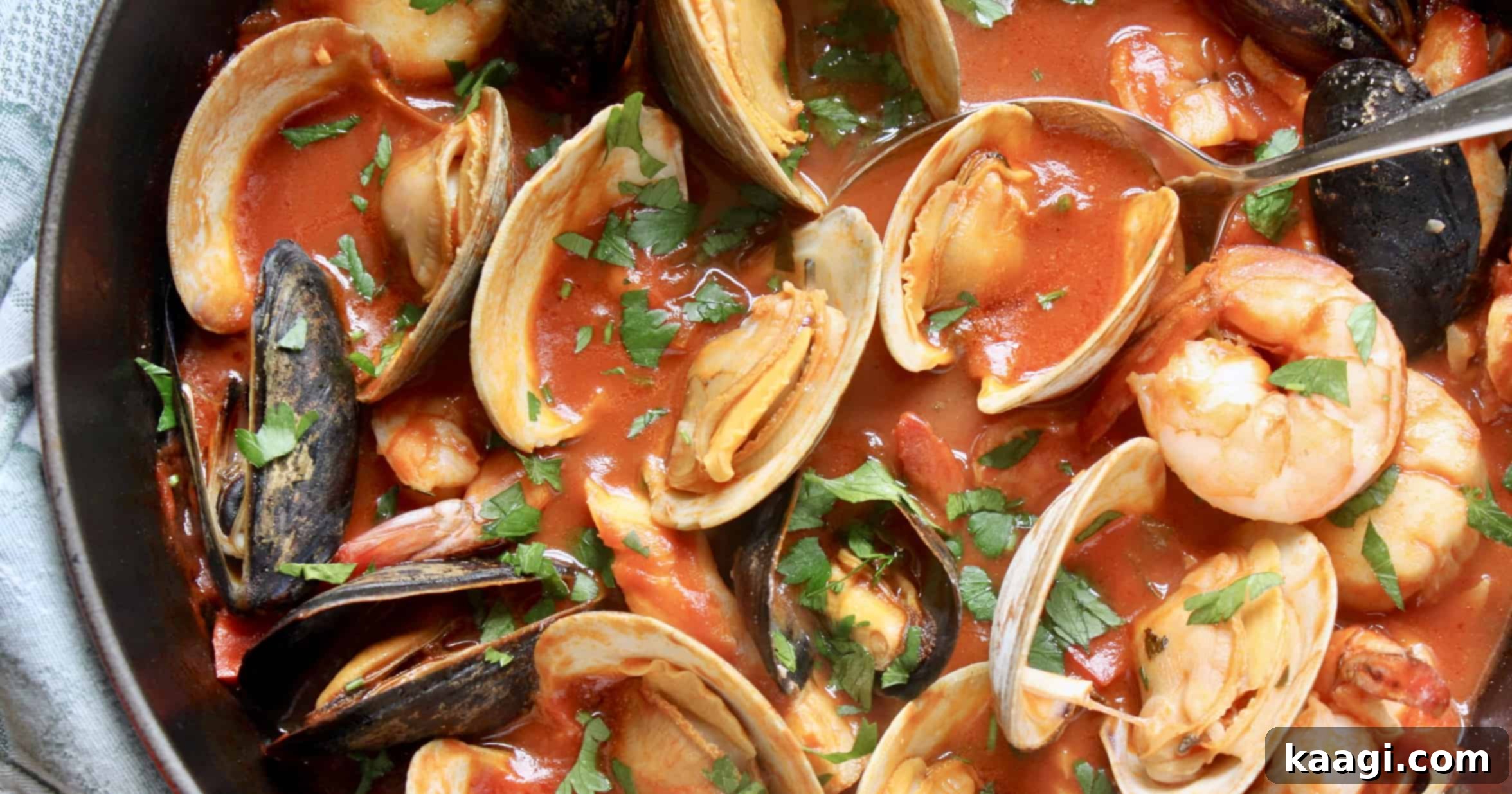Cioppino - American-Italian Style Seafood Stew in a rustic bowl with crusty bread.