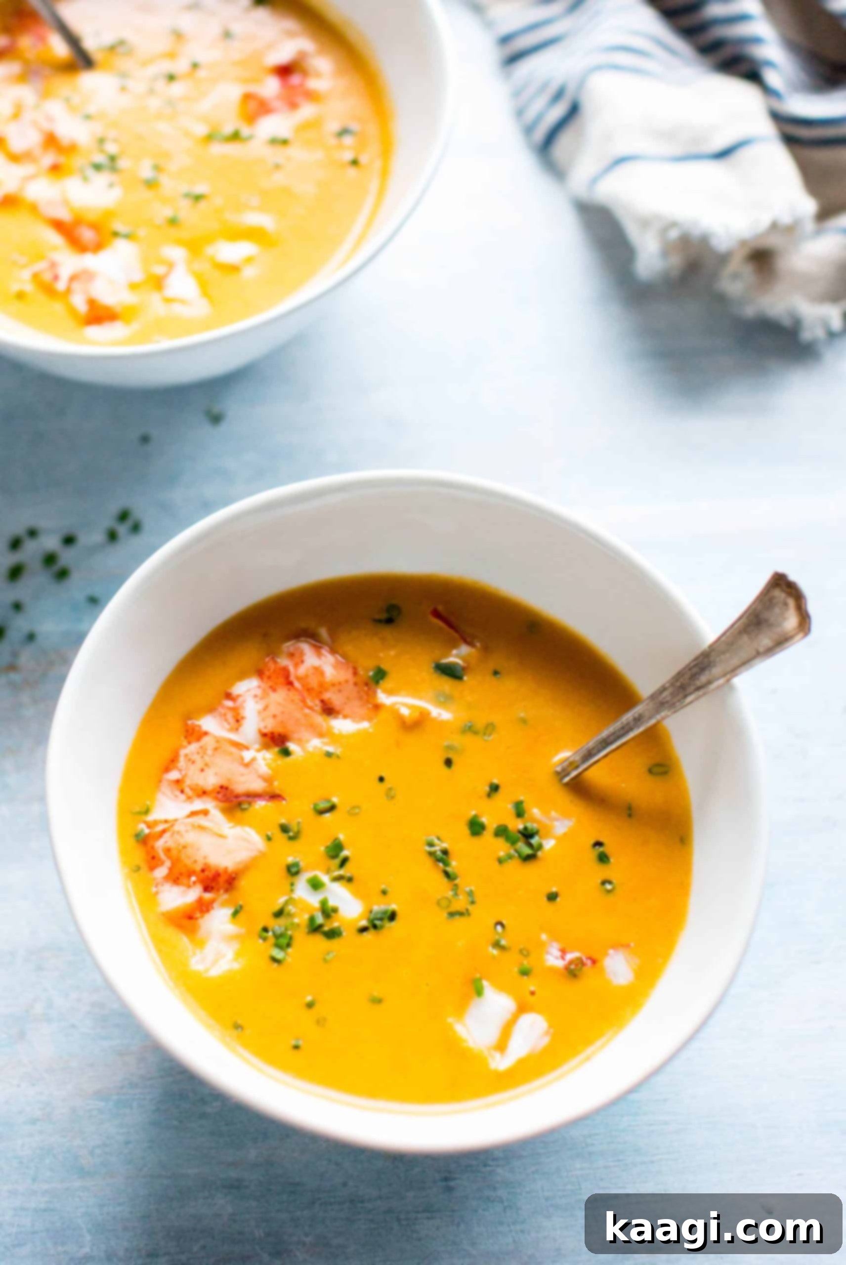 Lobster Bisque, a rich and creamy soup garnished with chives.