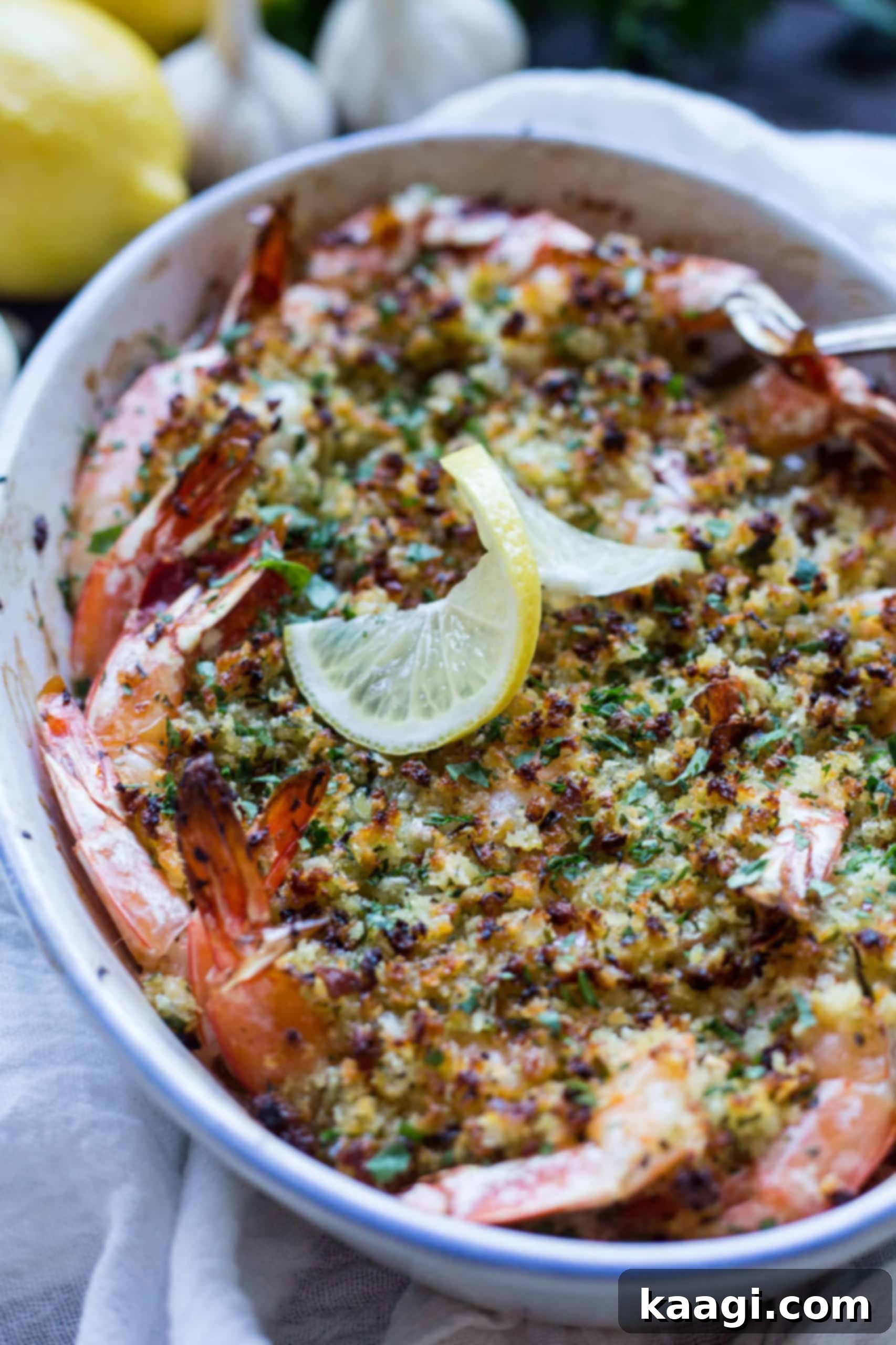 Baked Shrimp Scampi, glistening with butter and lemon.