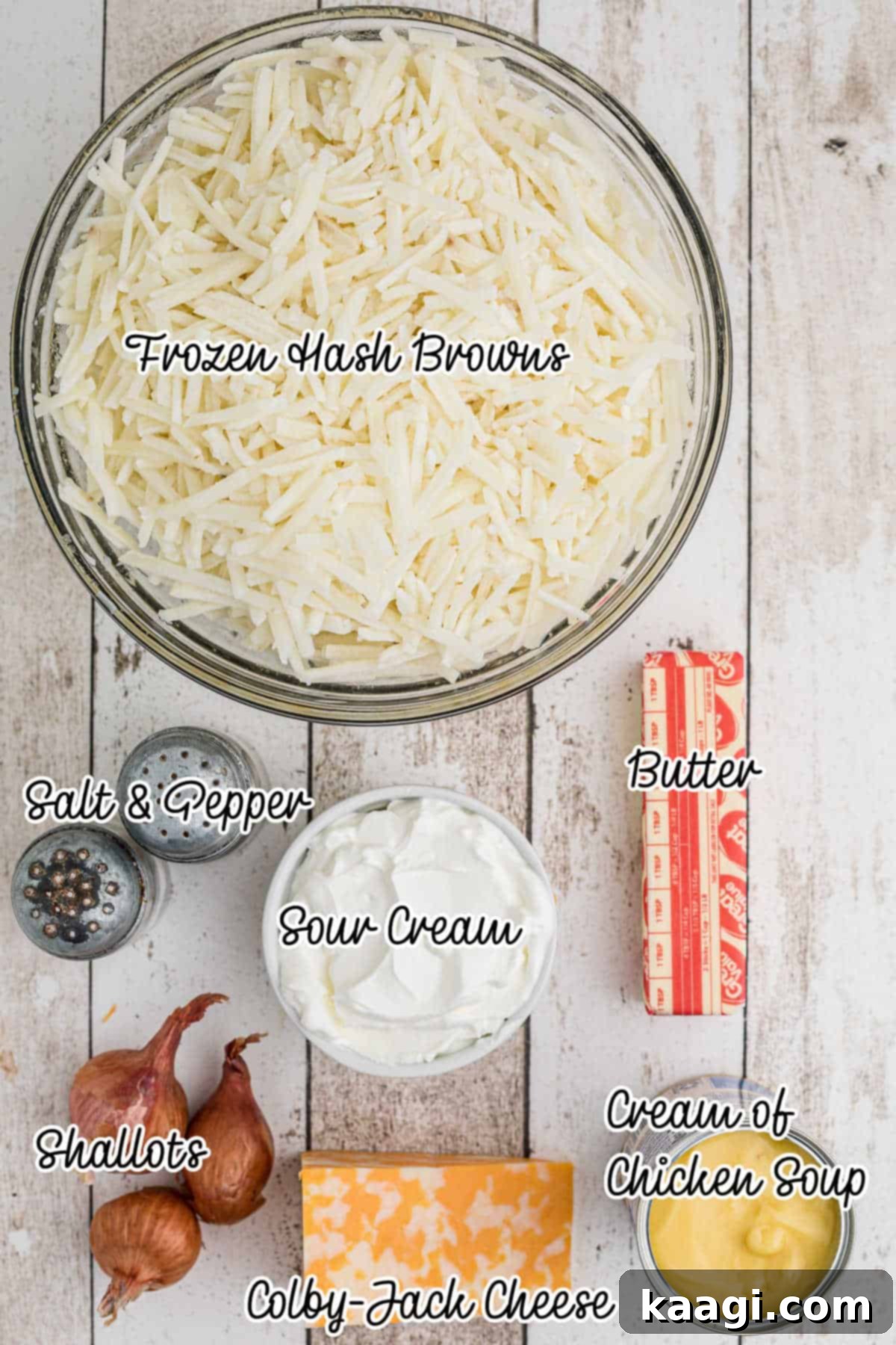 Ingredients needed to make a hash brown casserole recipe.