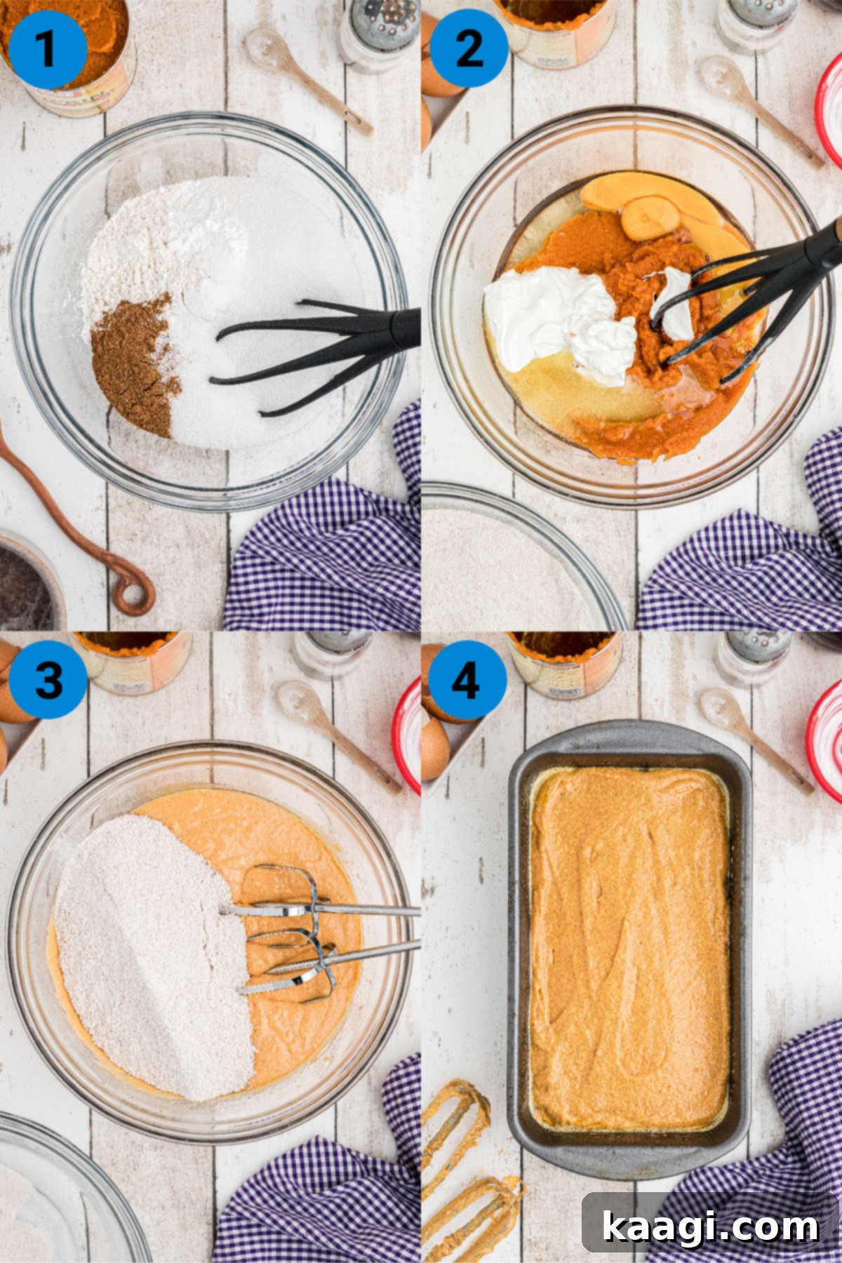 A four-panel collage showing the step-by-step process of mixing ingredients and pouring batter for Amish Pumpkin Bread.