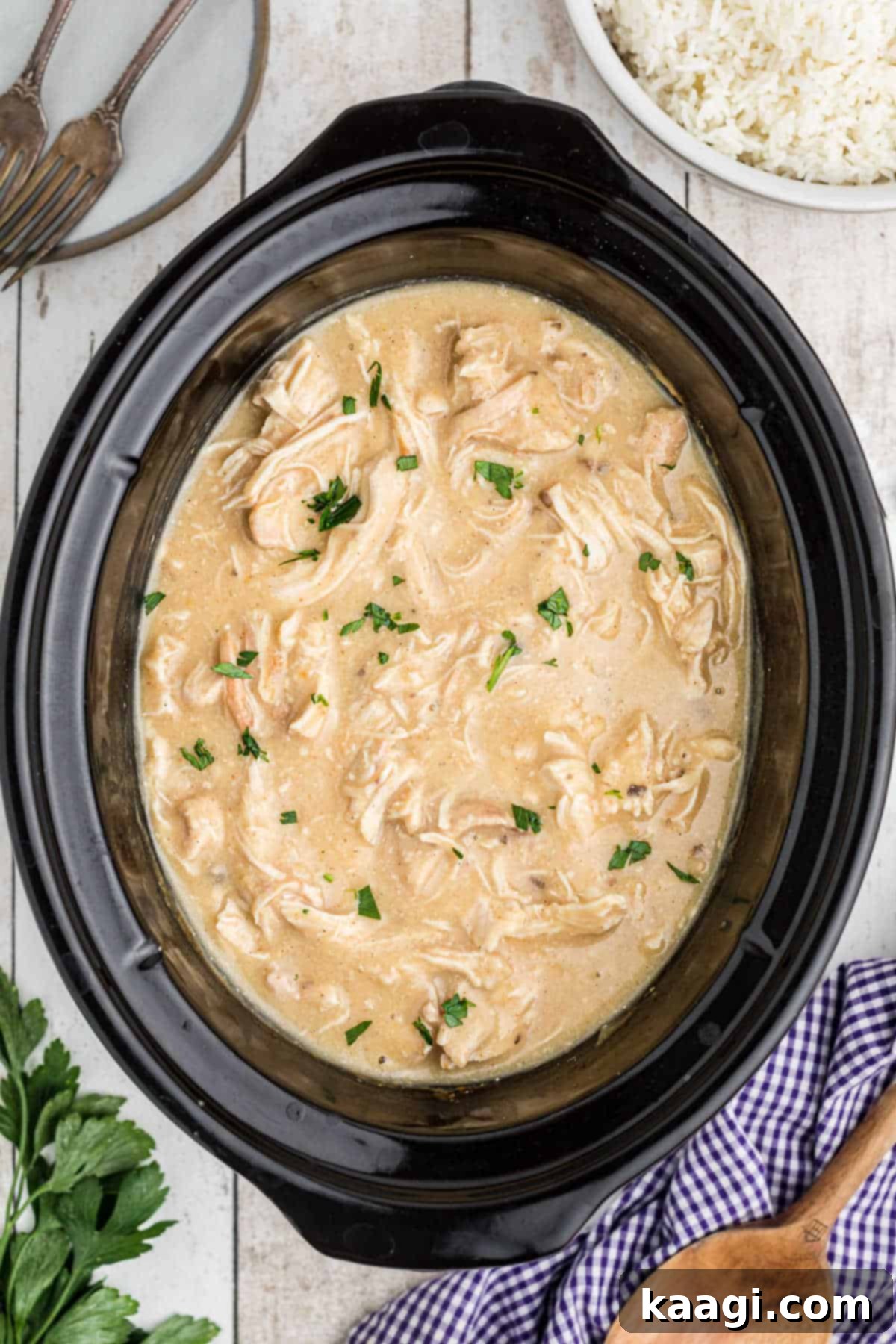 An overhead shot of a crock pot chicken and gravy recipe, showcasing a large pot filled with creamy chicken and gravy, ready to be served.
