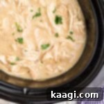 An overhead closeup shot of a crock pot chicken and gravy, showing the rich, creamy texture and shredded chicken.