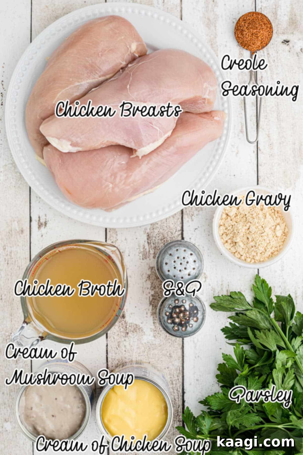 An overhead shot of ingredients needed to make chicken and gravy in crock pot, including boneless chicken breasts, canned cream soups, gravy packets, and chicken broth.