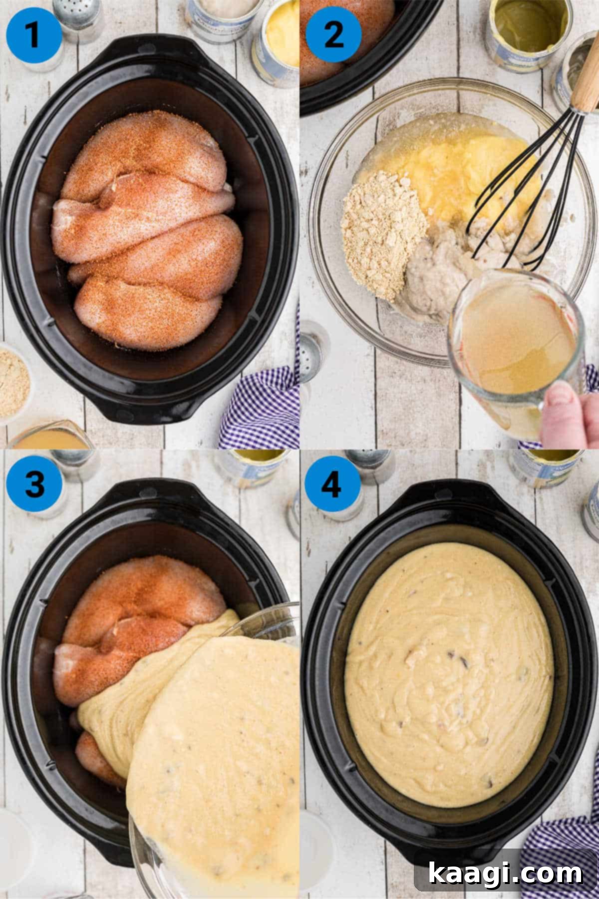 A collage of four images showing crock pot chicken and gravy recipe steps: placing chicken in the slow cooker, mixing the gravy ingredients, pouring the mixture over the chicken, and shredding the cooked chicken with two forks.