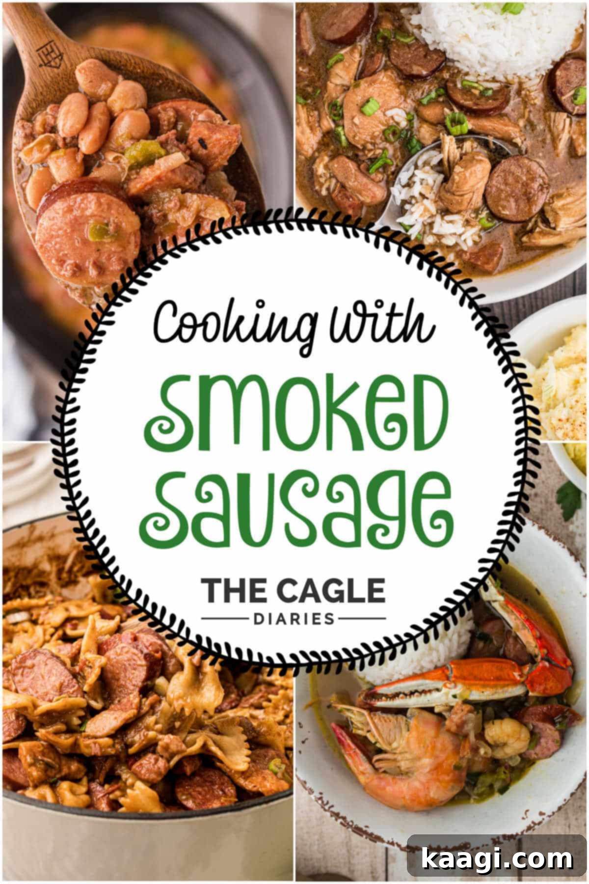 Smoked Sausage Delights 2 A collage of four appealing images of various dishes featuring smoked sausage, showcasing its versatility in different culinary contexts.