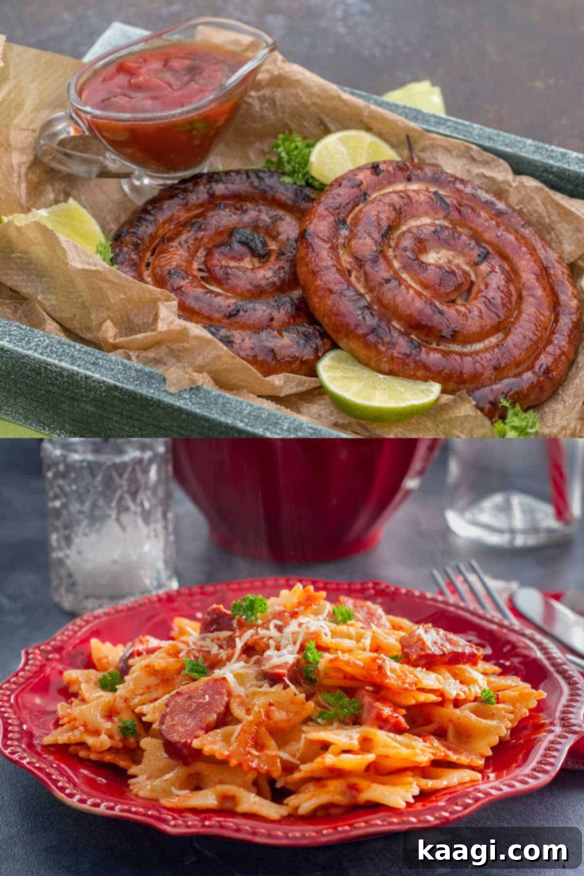Smoked Sausage Delights 3 Two vibrant images showcasing smoked sausage prepared in different culinary styles: one pan-fried and another integrated into a hearty dish.