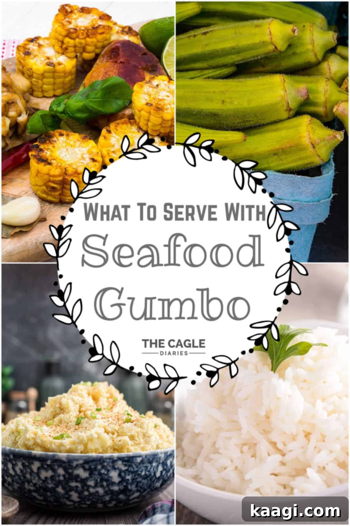 A collage of four images with a bowl of rice, potato salad, okra and grilled corn - showing what should be served with seafood gumbo.