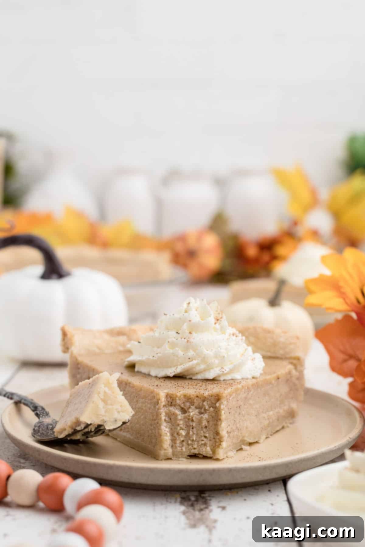 Side on view of a slice of white pumpkin pie