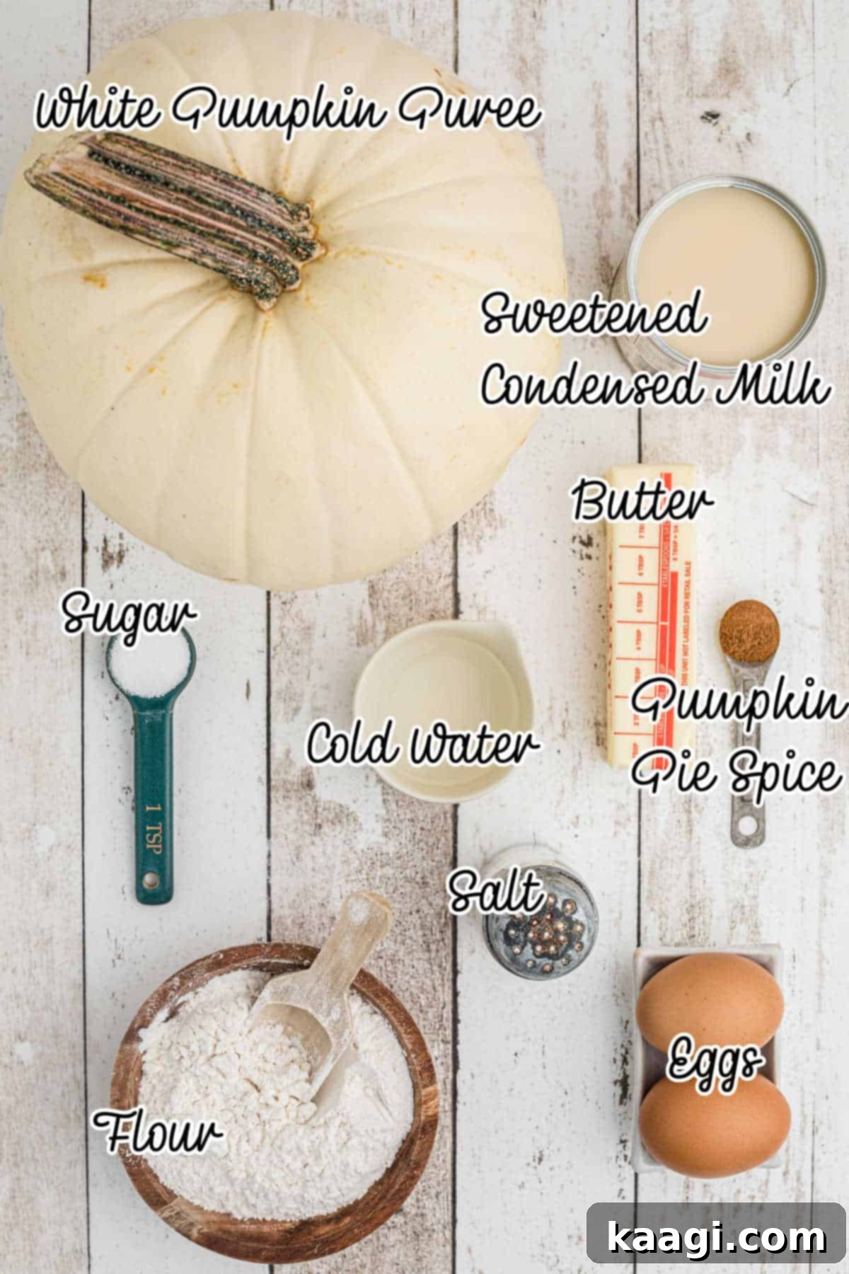 Ingredients needed all laid out showing what is needed to make a white pumpkin pie.