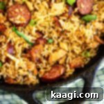 Authentic Louisiana Jambalaya 7 Overhead close up shot of a pot full of a real Cajun jambalaya.