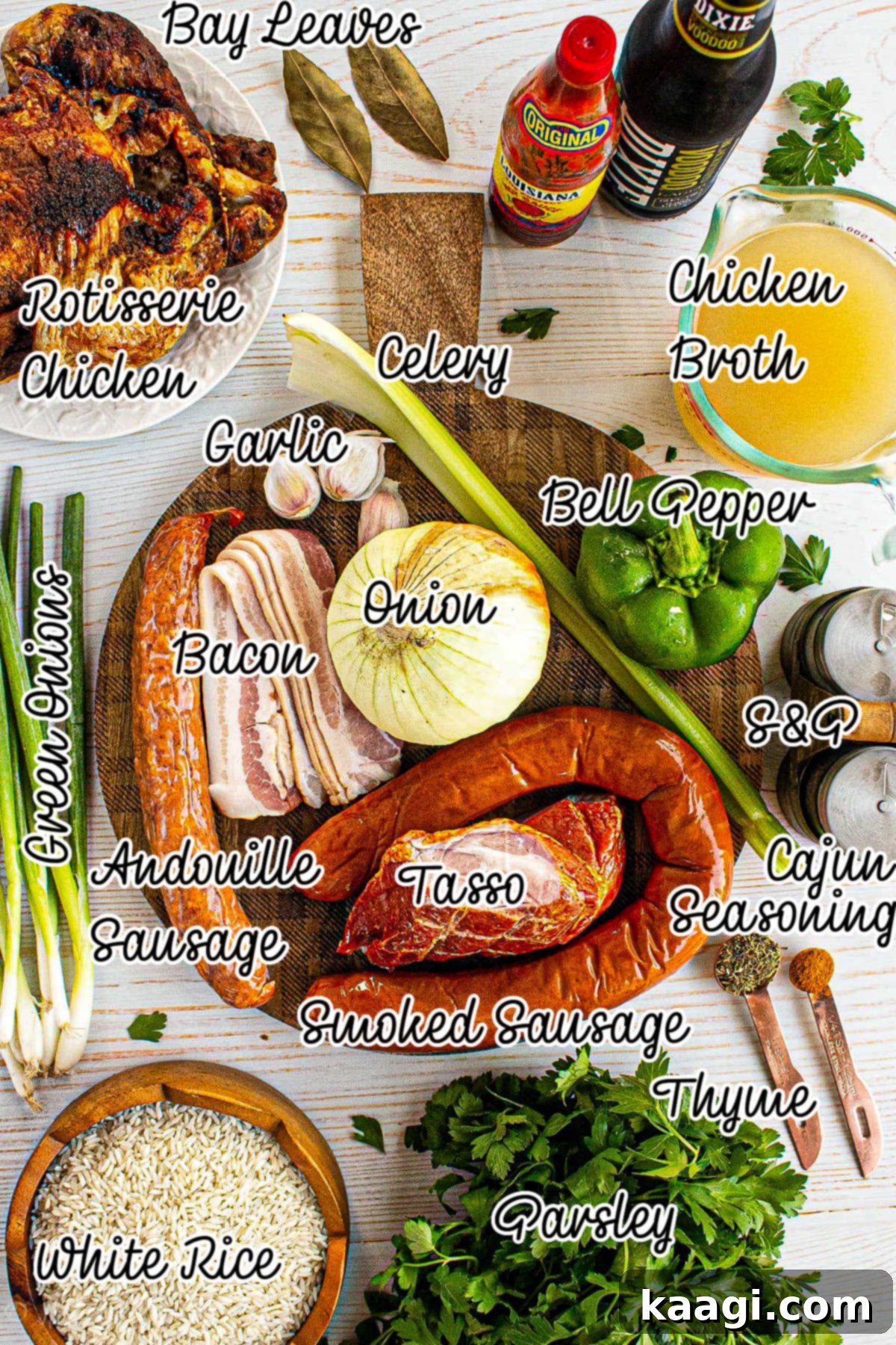 Authentic Louisiana Jambalaya 3 A vibrant assortment of fresh ingredients laid out, including various sausages, chicken, vegetables, and rice, all ready for making Cajun Jambalaya.