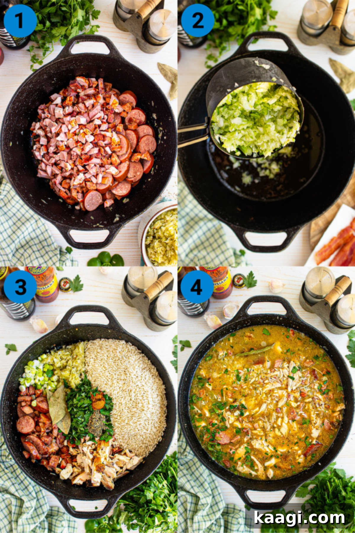 Authentic Louisiana Jambalaya 4 A photographic collage showcasing the key stages of cooking Cajun Jambalaya, from browning meats to the final simmer.
