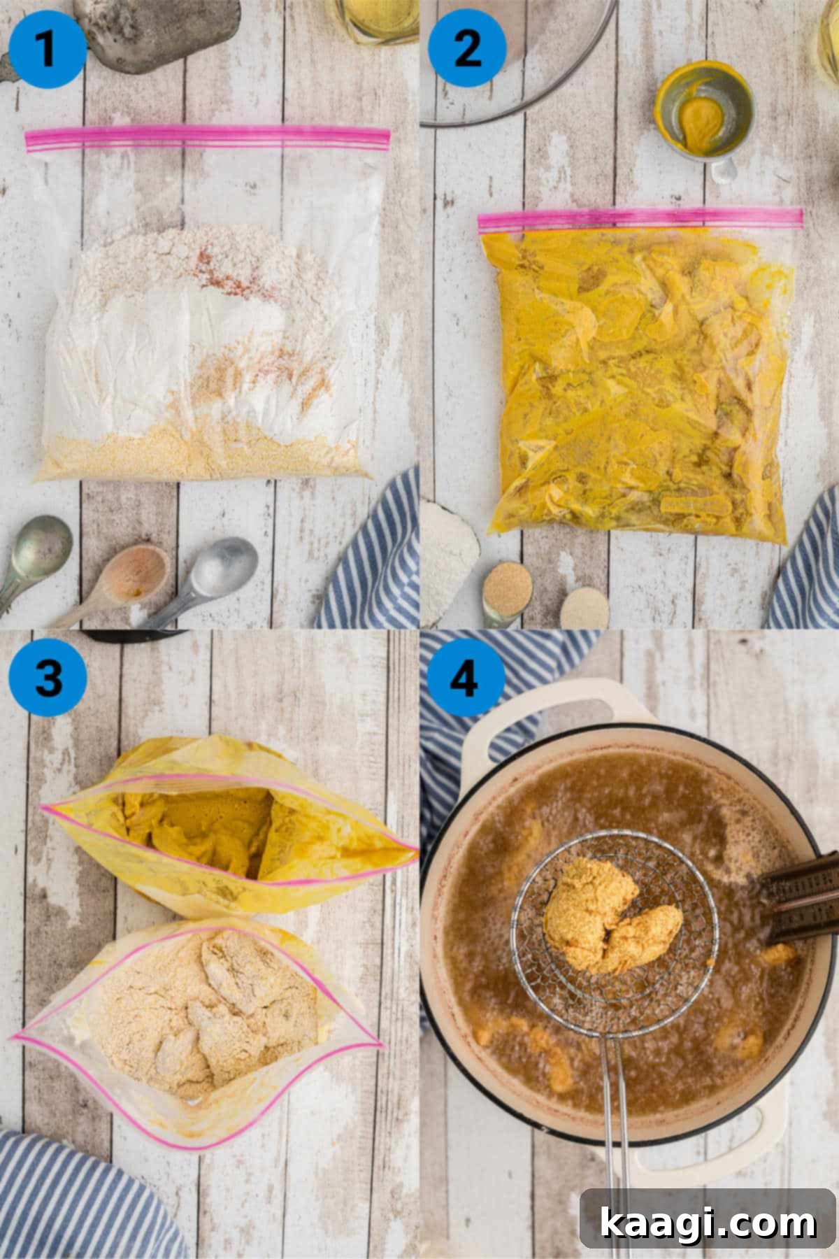 A collage of four images illustrating the step-by-step process of preparing and frying Cajun fish, from mixing breading to coating fish and dropping into oil.