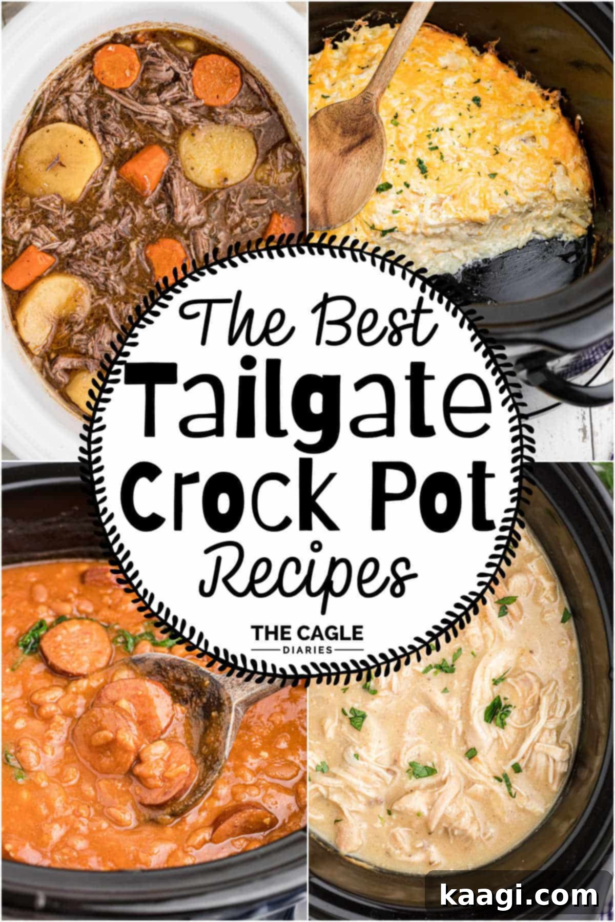 A collage of four images of recipes good to cook int he crock pot.