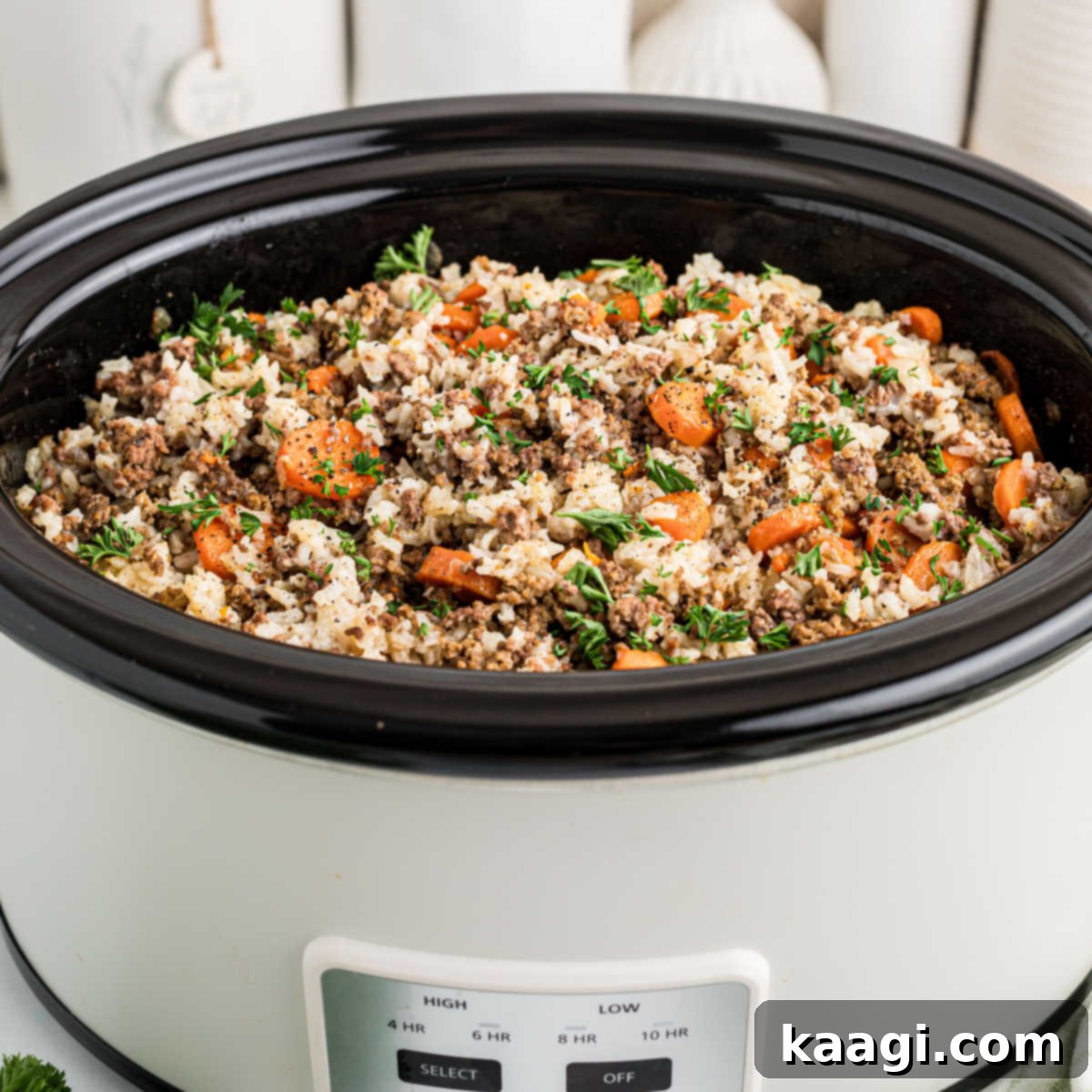Carrots and ground meat in a crock pot, cropped square.