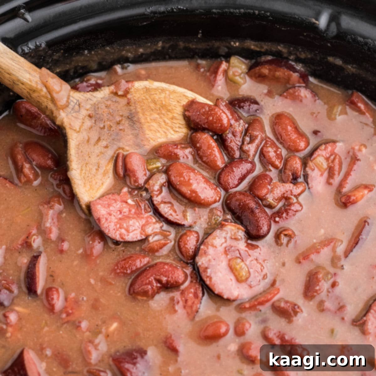 Close up of a slow cooker cajun red beans and rice recipe.