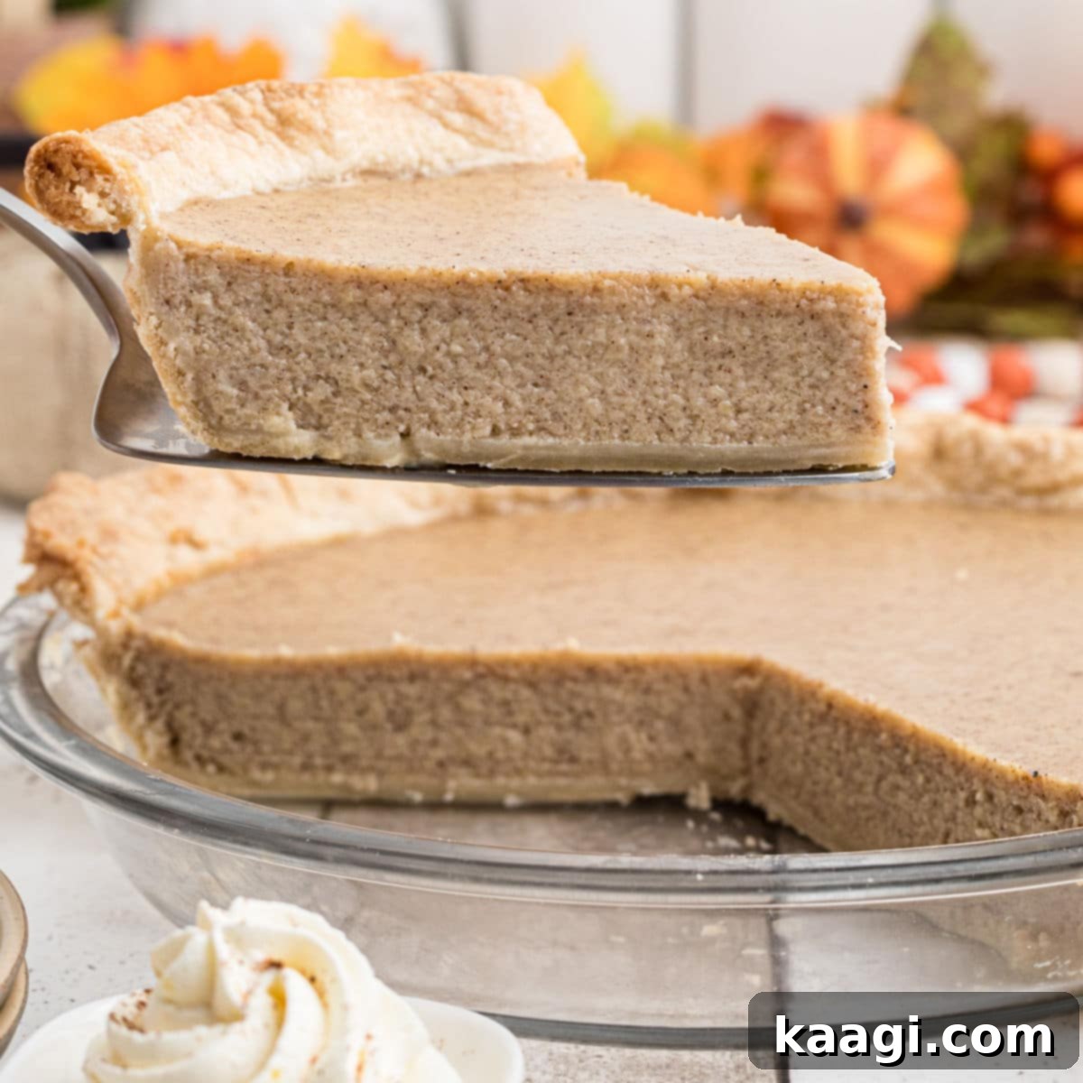 Close-up of a perfectly baked slice of unique white pumpkin pie being carefully removed from a pie dish, highlighting its delicate pale color and smooth, creamy texture.