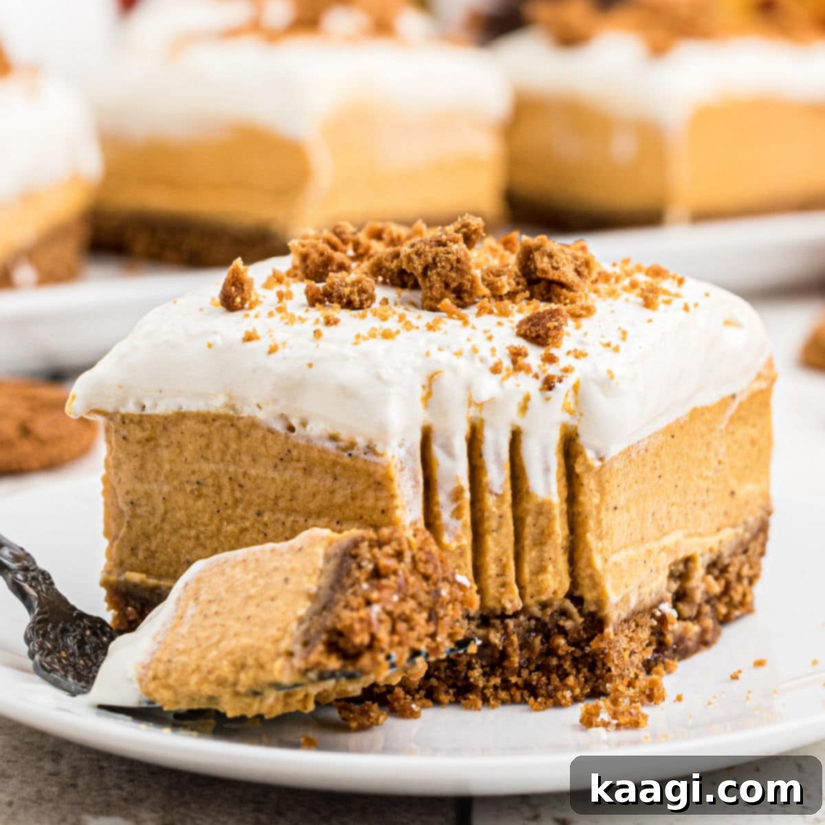 Close-up square image of a perfectly set slice of no-bake pumpkin cheesecake, showcasing its creamy, spiced layers, and crumbly gingersnap crust, ready to be enjoyed.