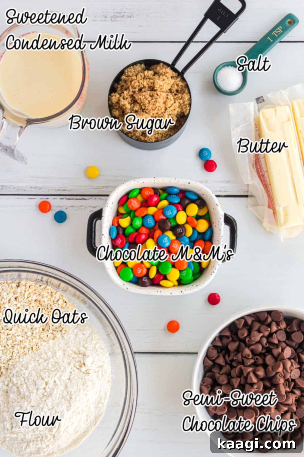 M and M Chocolate Chip Oat Bars 3 Ingredients laid out that's needed for making M&M Chocolate Oat Bars, with text overlay.