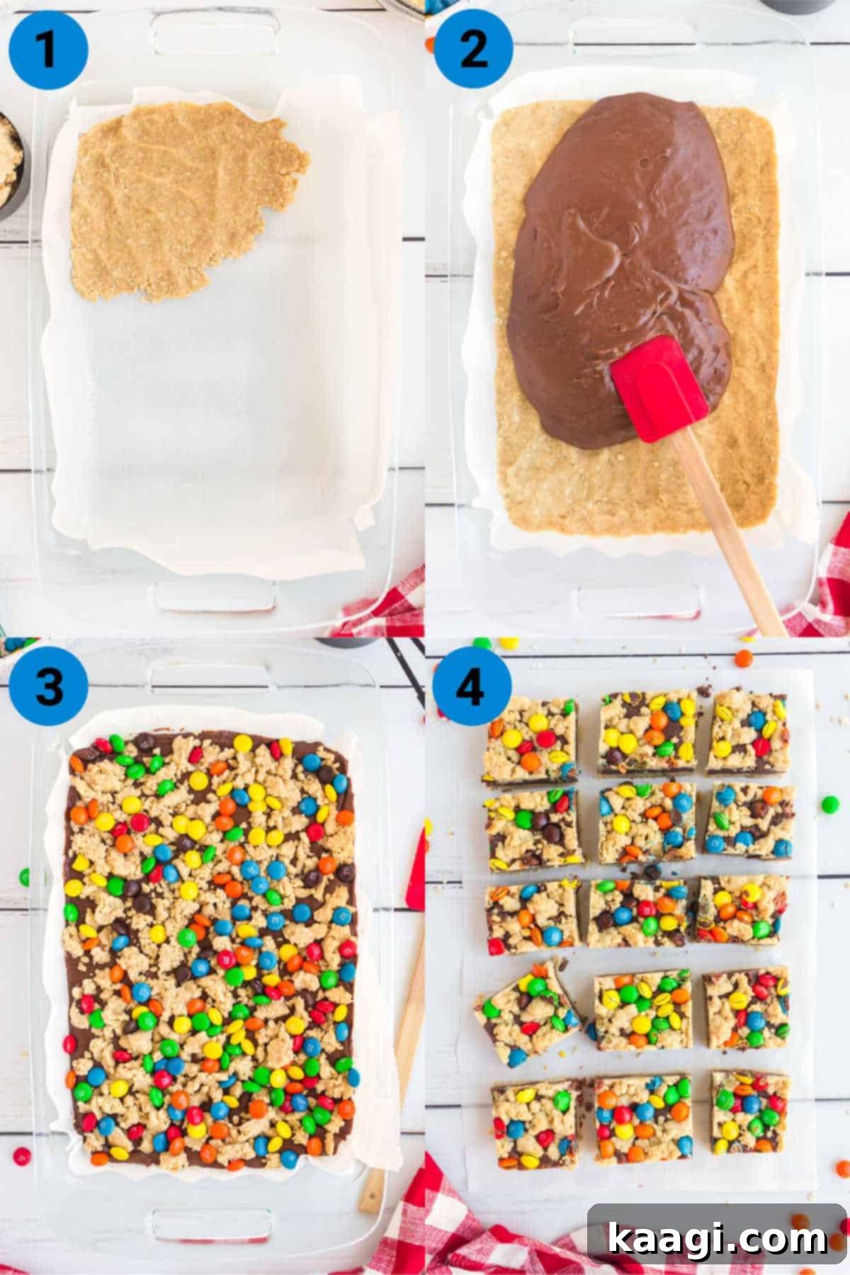 M and M Chocolate Chip Oat Bars 4 M&M Chocolate Oat bars recipe steps in four images.